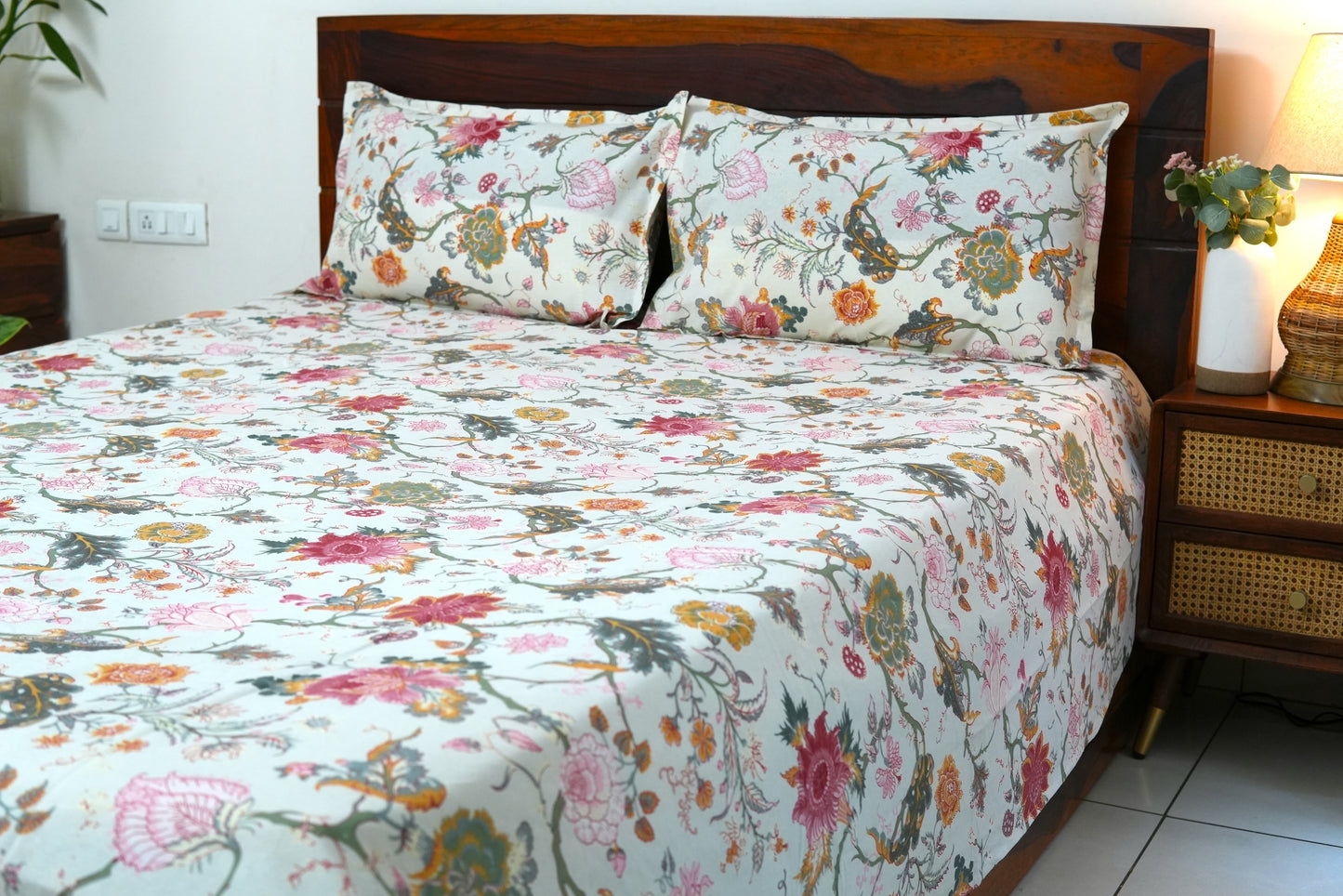 Colourful garden on cream base (Anokhi Print) - Pure cotton King / Queen size double bedsheet