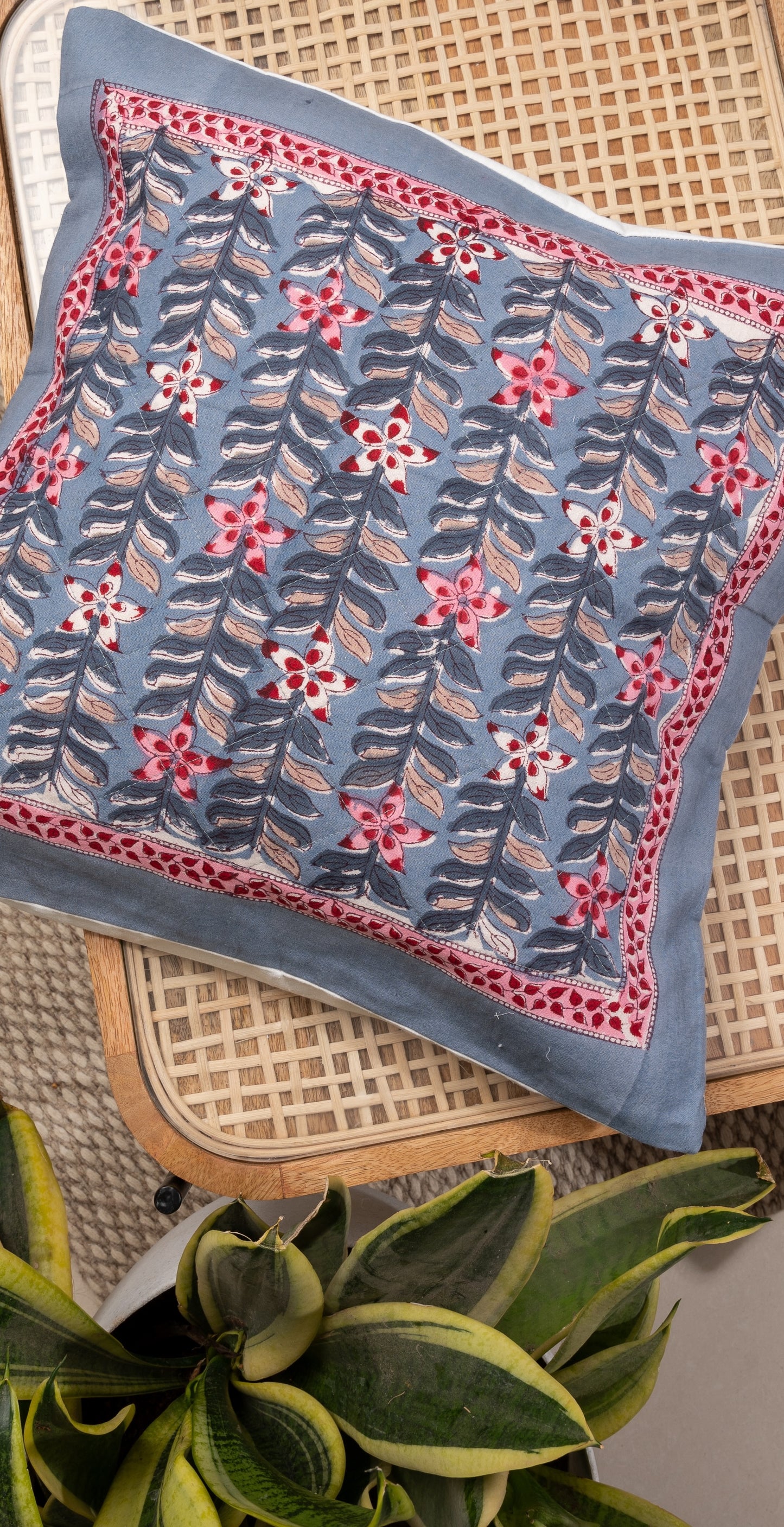 Evening blooms - Handblock printed quilted cushion cover