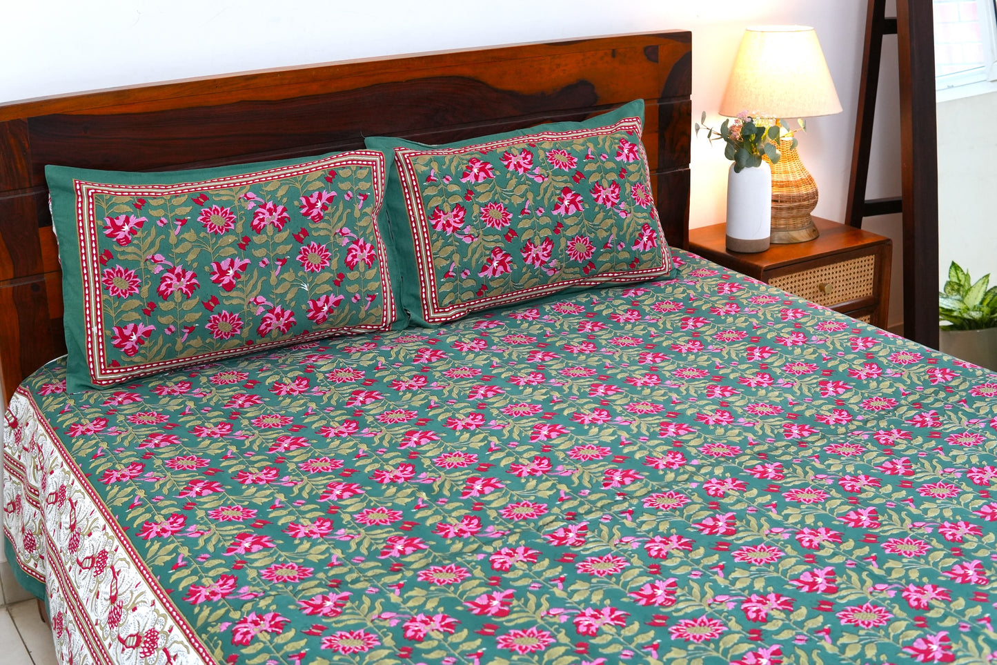 Dense forest with floral border - Pure cotton King / Queen size double bedsheet