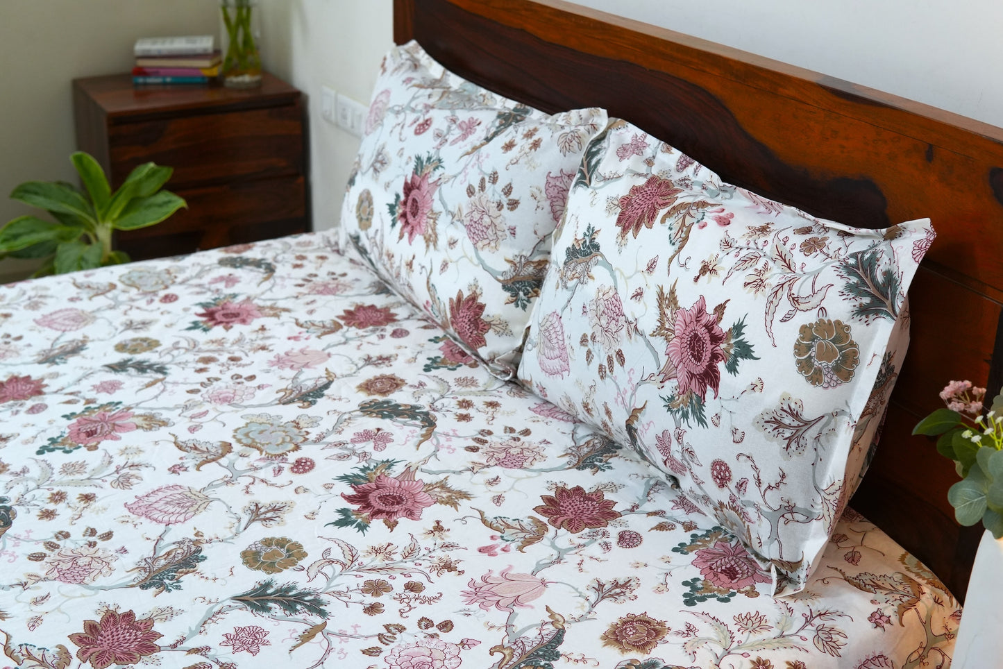 Pastel pink florals in overall print (Anokhi Print) - Pure cotton King / Queen size double bedsheet
