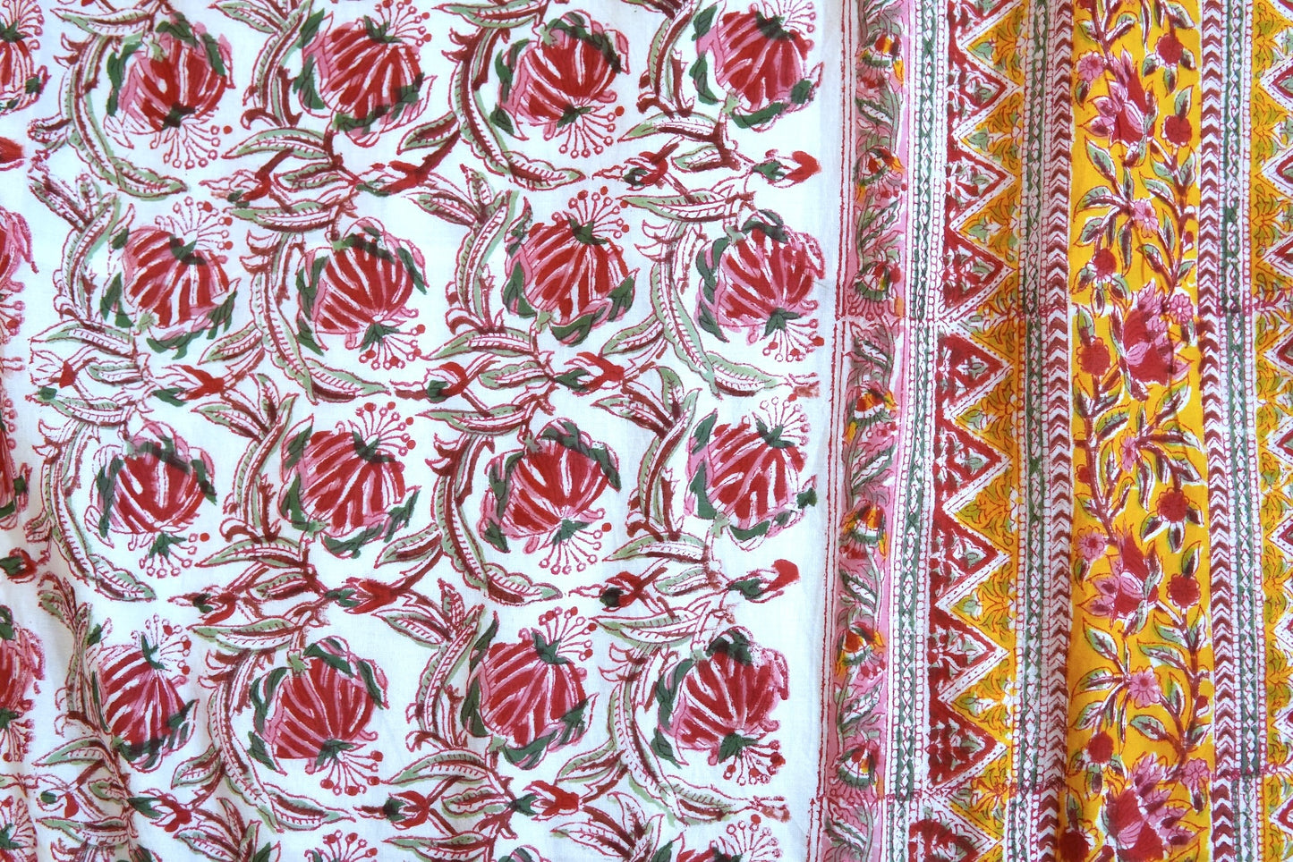 Pink bloom on yellow handblock printed pure mulmul dohar