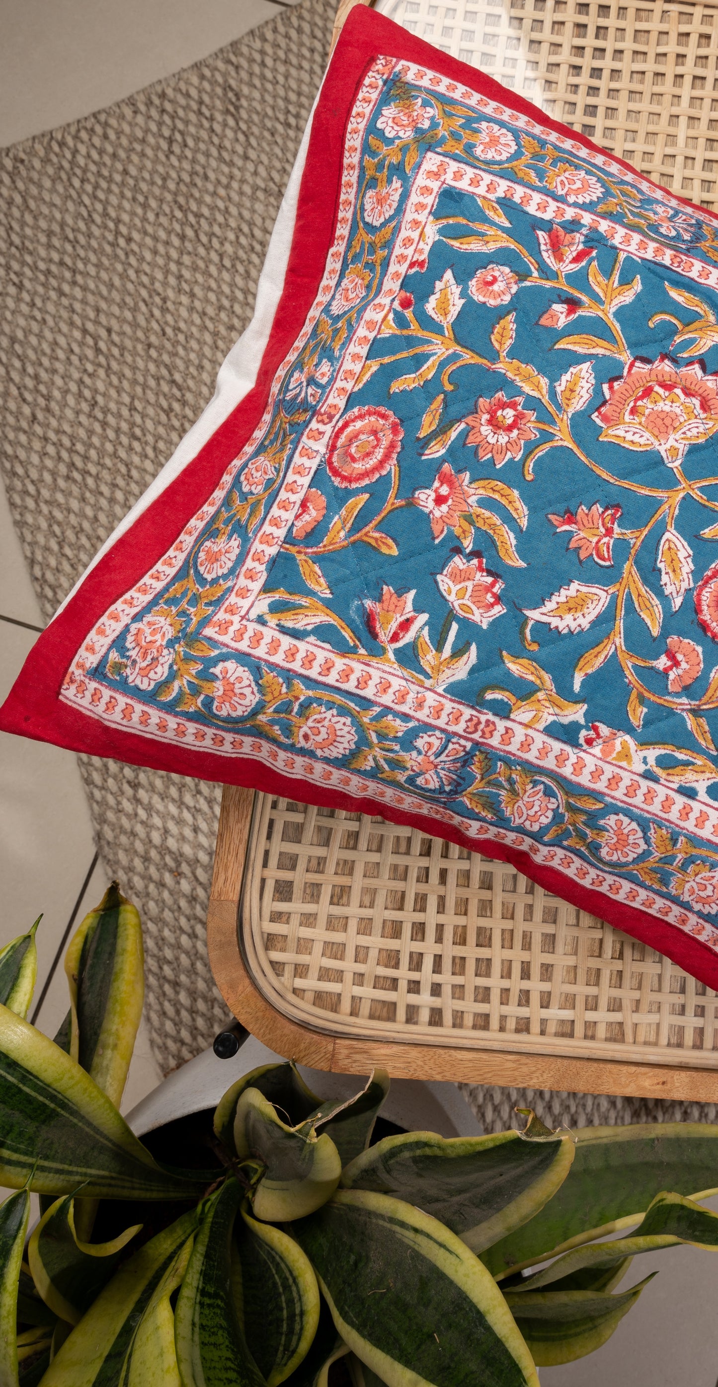 Blue blooming gardens - Handblock printed quilted cushion cover