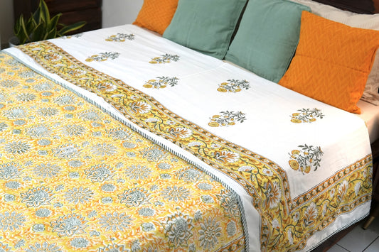 Yellow florals handblock printed pure mulmul dohar