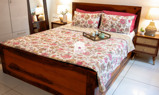 Pink bloom on cream base - Quilted reversible bedcover in pure cotton
