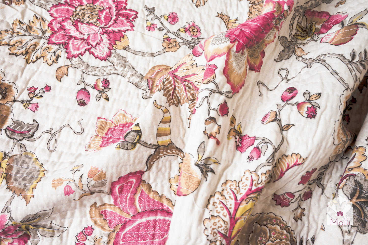 Pink bloom on cream base - Quilted reversible bedcover in pure cotton