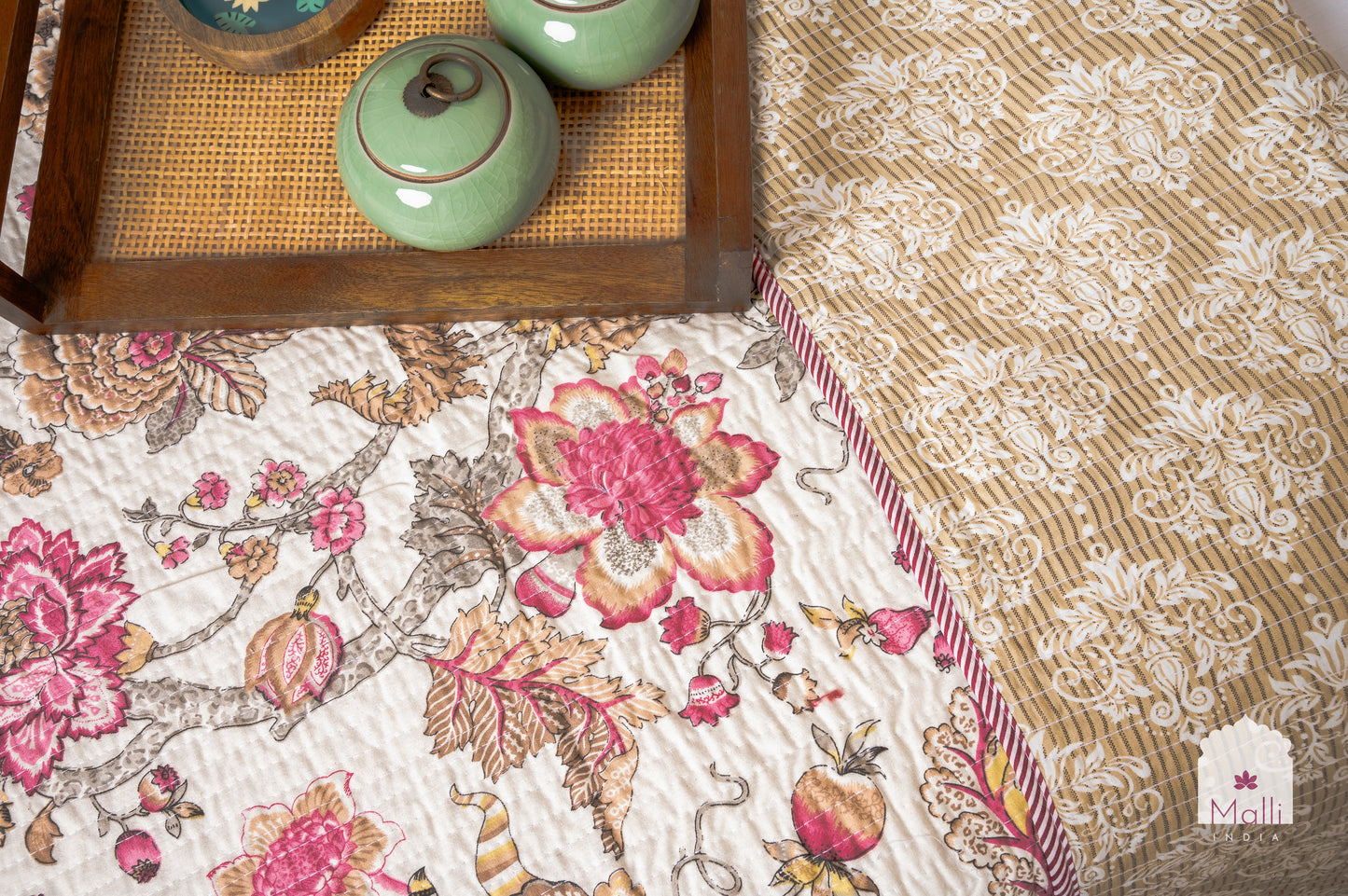 Pink bloom on cream base - Quilted reversible bedcover in pure cotton