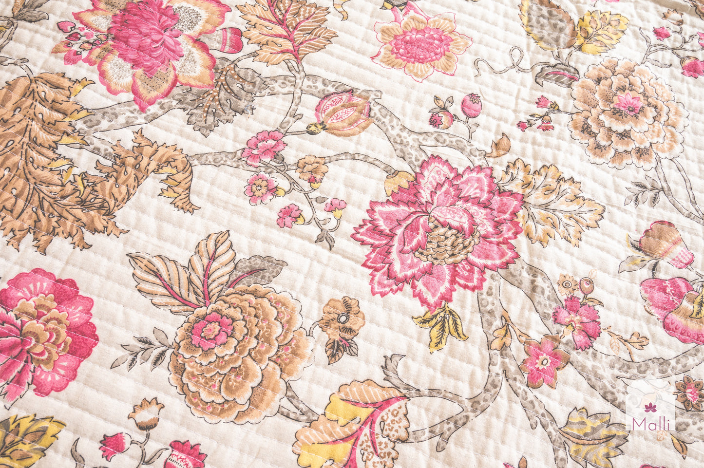 Pink bloom on cream base - Quilted reversible bedcover in pure cotton