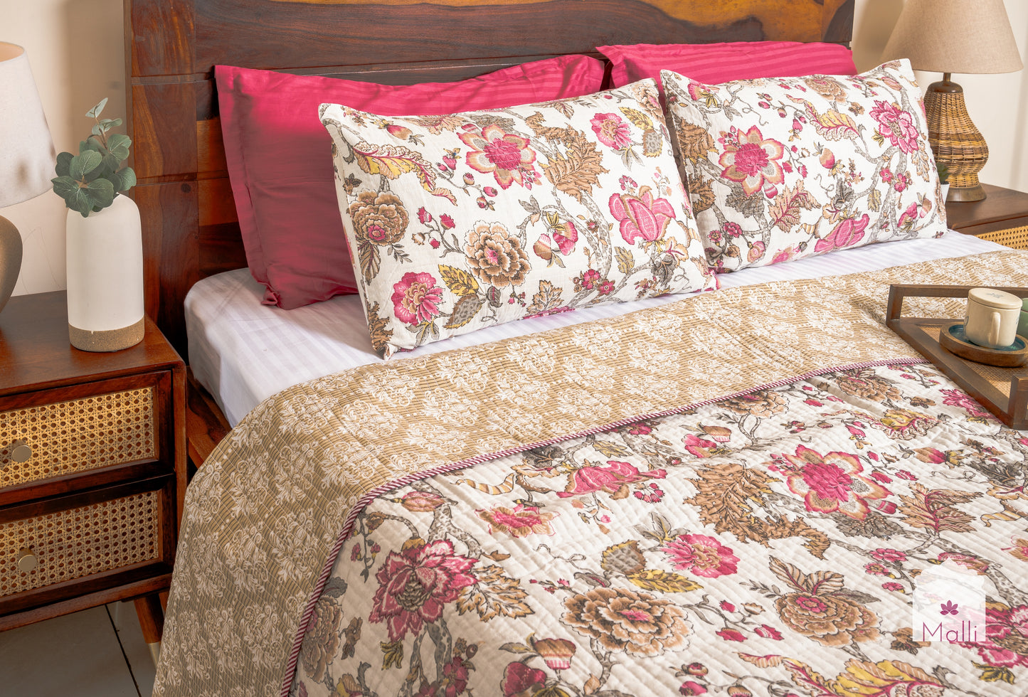 Pink bloom on cream base - Quilted reversible bedcover in pure cotton