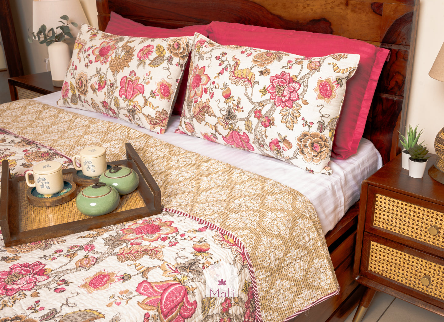 Pink bloom on cream base - Quilted reversible bedcover in pure cotton