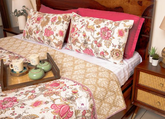 Pink bloom on cream base - Quilted reversible bedcover in pure cotton