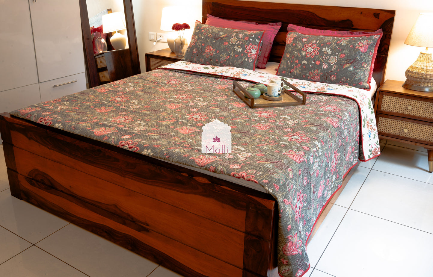 Pink bloom on dark grey base - Quilted reversible bedcover in pure cotton