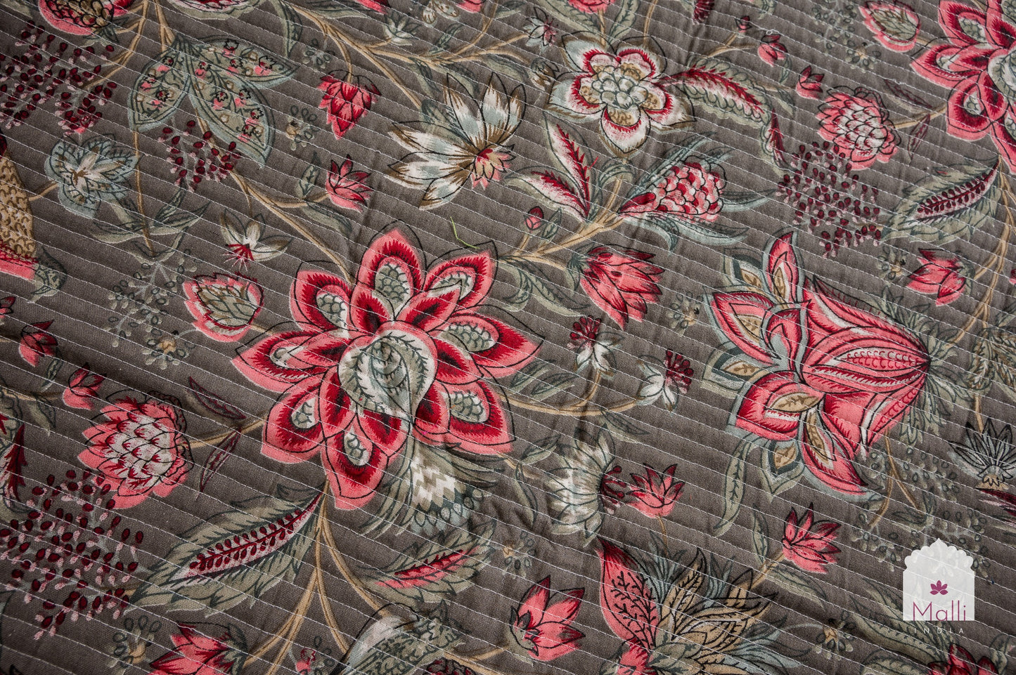 Pink bloom on dark grey base - Quilted reversible bedcover in pure cotton