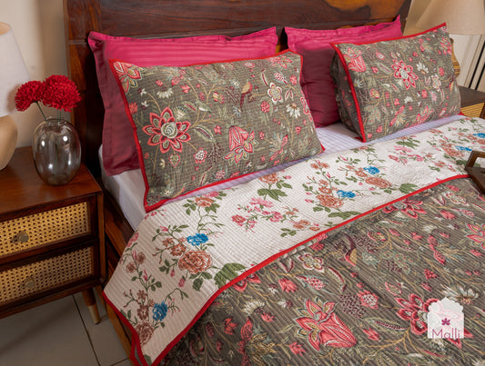 Pink bloom on dark grey base - Quilted reversible bedcover in pure cotton