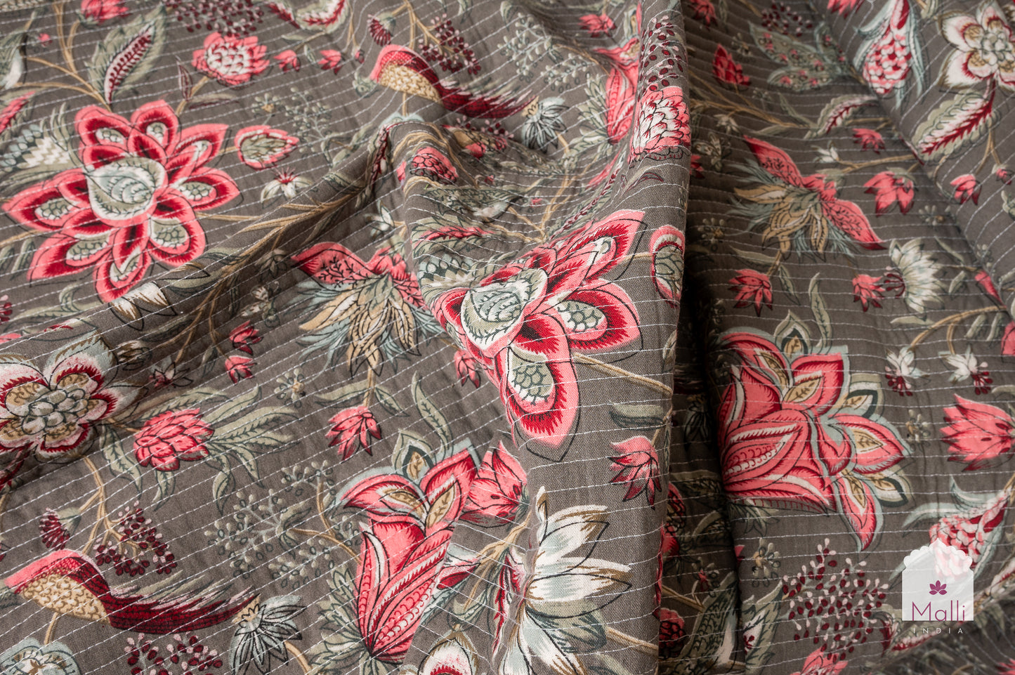 Pink bloom on dark grey base - Quilted reversible bedcover in pure cotton