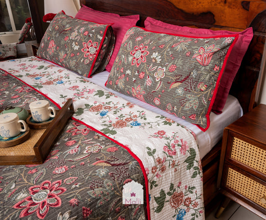 Pink bloom on dark grey base - Quilted reversible bedcover in pure cotton