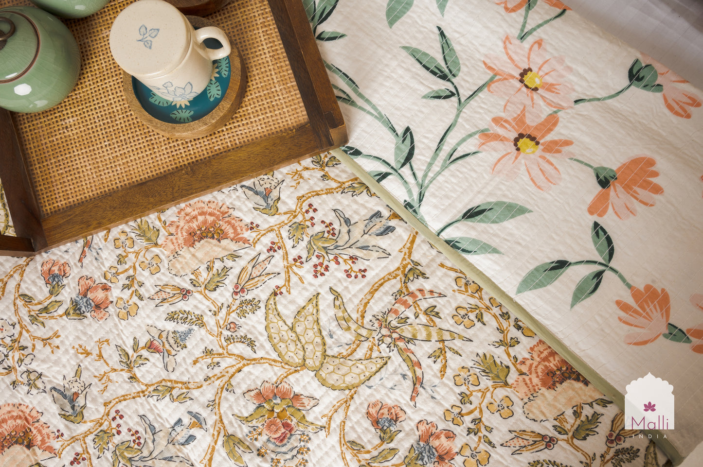 Rust orange bloom on cream base - Quilted reversible bedcover in pure cotton