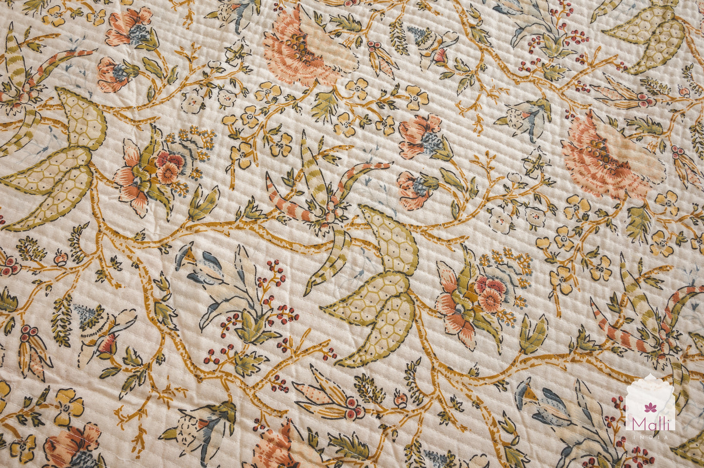 Rust orange bloom on cream base - Quilted reversible bedcover in pure cotton