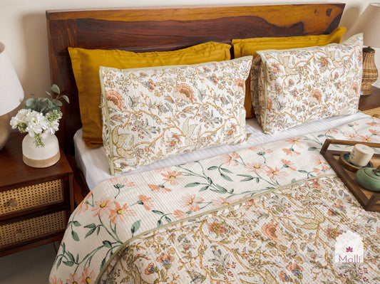 Rust orange bloom on cream base - Quilted reversible bedcover in pure cotton