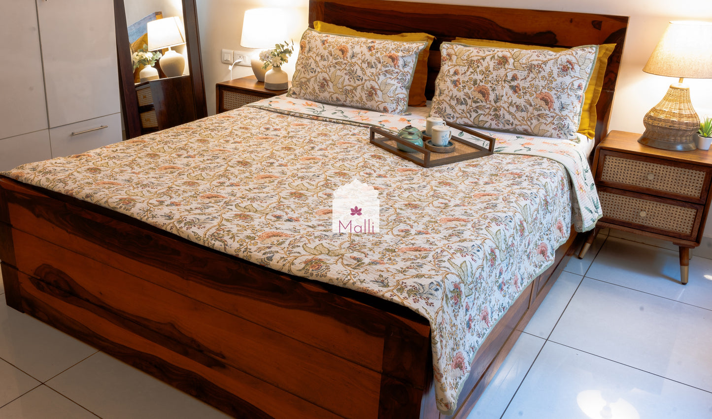 Rust orange bloom on cream base - Quilted reversible bedcover in pure cotton
