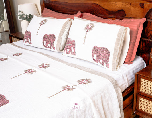 Pink elephant & palm bedcover in slub cotton