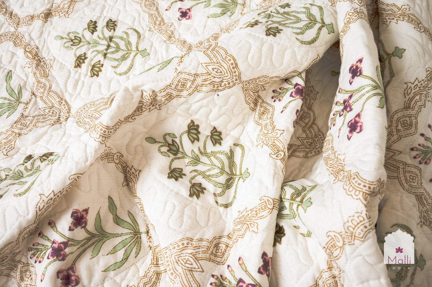 Pink madhumalti jaal - Quilted reversible bedcover in pure mulmul cotton