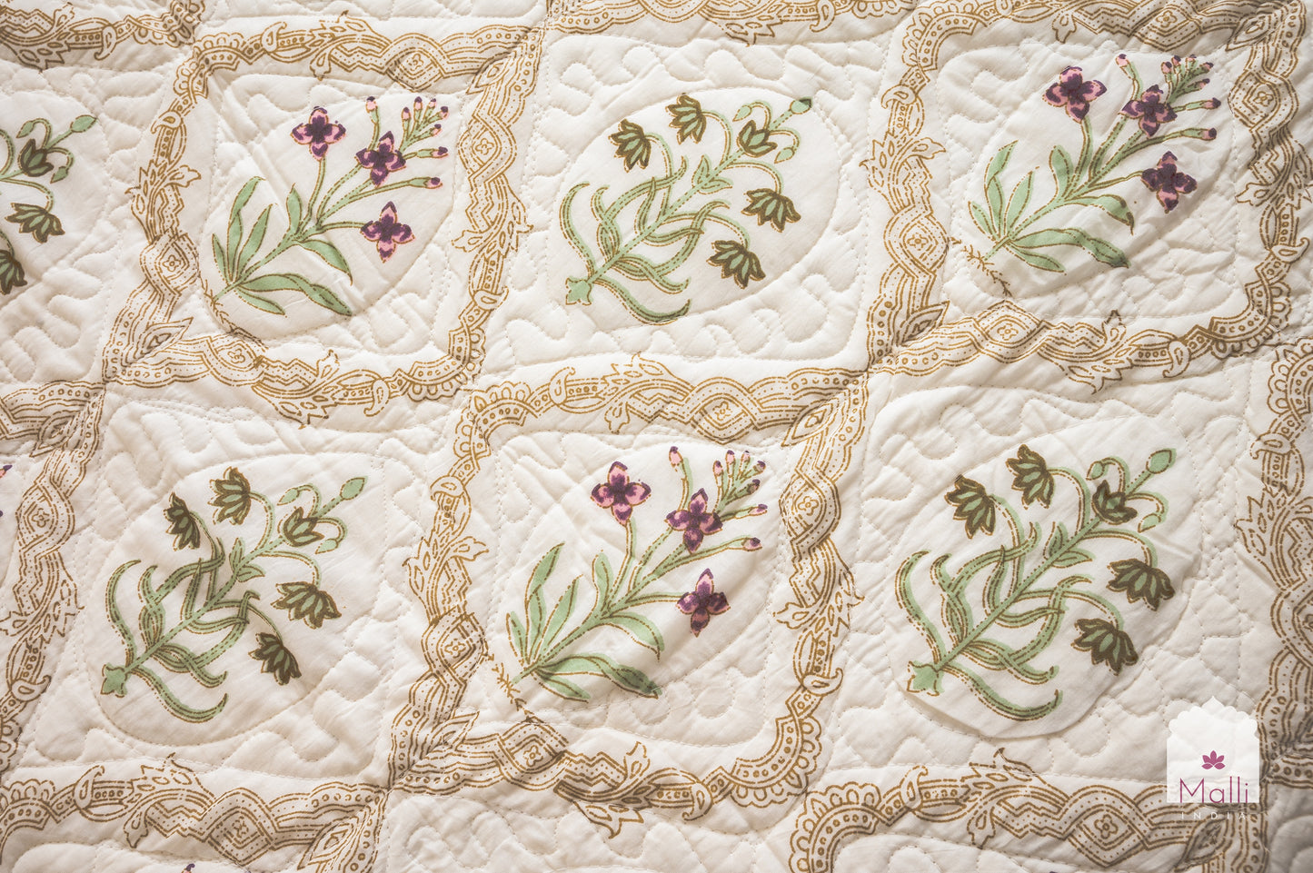 Pink madhumalti jaal - Quilted reversible bedcover in pure mulmul cotton