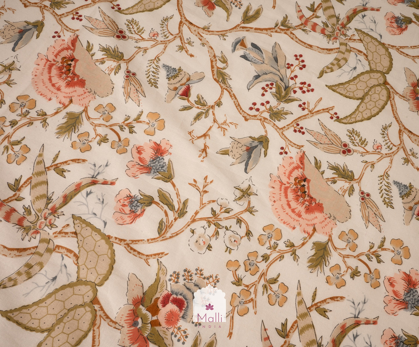 Rust orange florals on cream base - Pure cotton double bedsheet
