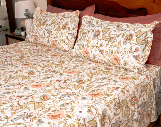 Rust orange florals on cream base - Pure cotton double bedsheet