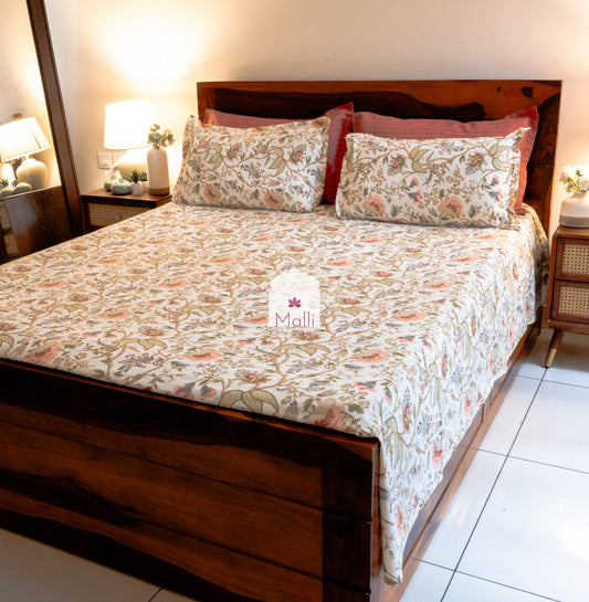 Rust orange florals on cream base - Pure cotton double bedsheet