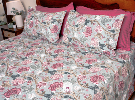 Pink florals on light grey base - Pure cotton double bedsheet