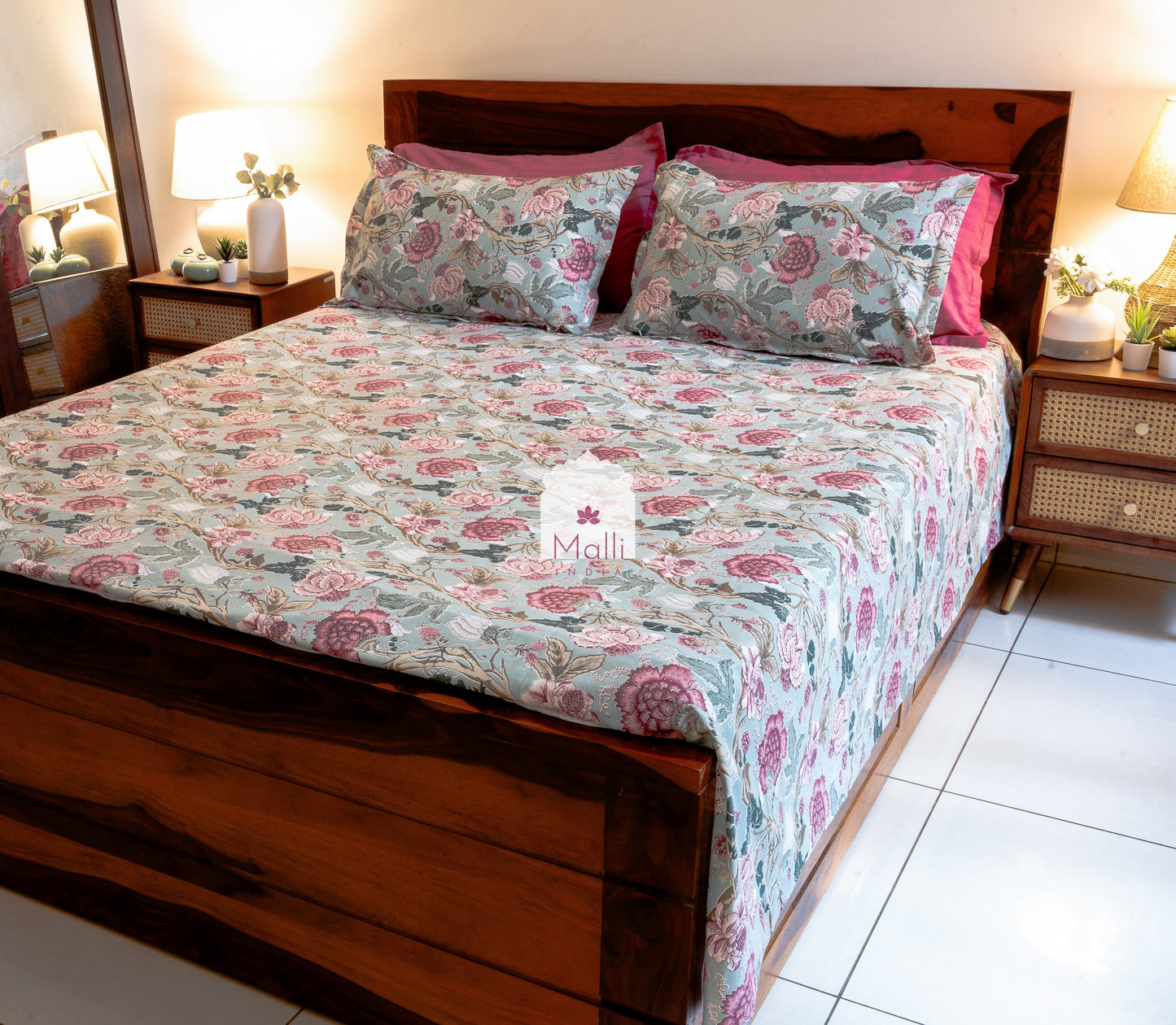 Pink florals on light grey base - Pure cotton double bedsheet