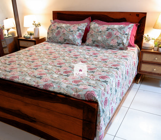 Pink florals on light grey base - Pure cotton double bedsheet