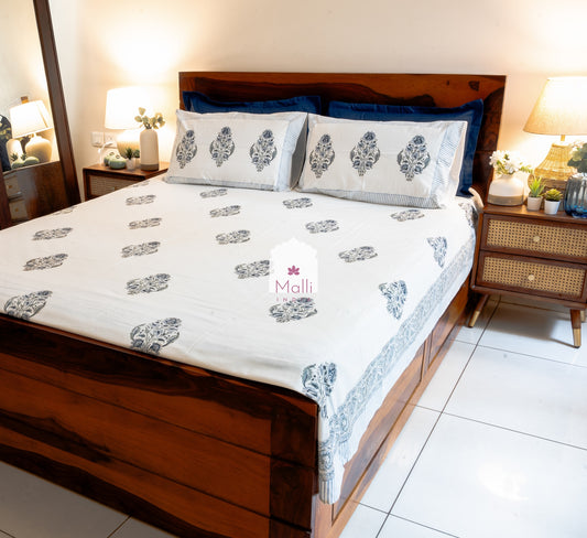 Blue bloom in mughal design - Pure cotton double bedsheet handblock printed