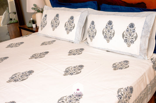 Blue bloom in mughal design - Pure cotton double bedsheet handblock printed