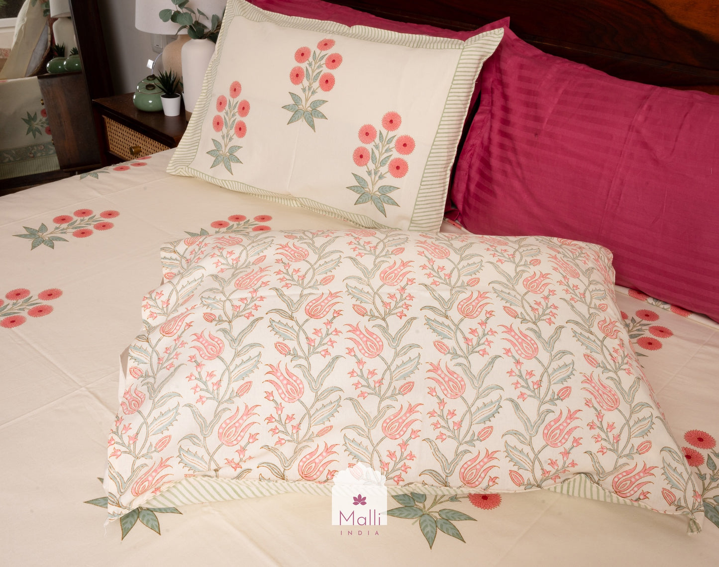 Peach chrysanthemum bunch on beige base - Pure cotton double bedsheet handblock printed