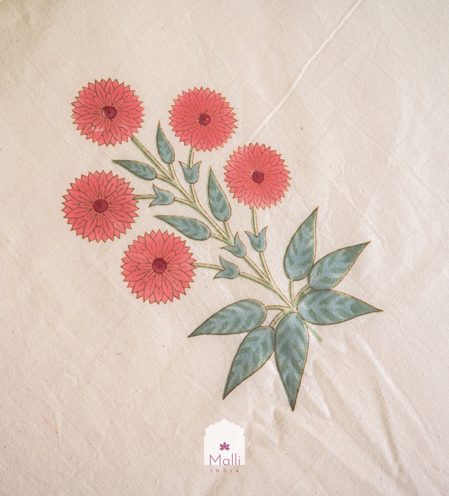 Peach chrysanthemum bunch on beige base - Pure cotton double bedsheet handblock printed