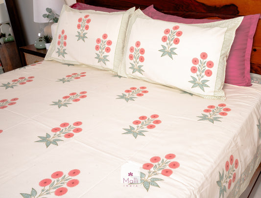 Peach chrysanthemum bunch on beige base - Pure cotton double bedsheet handblock printed