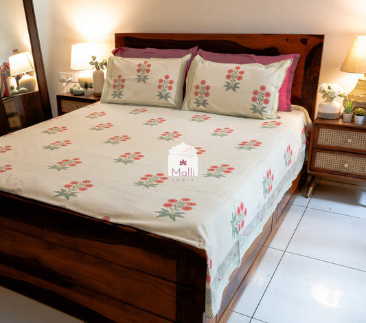 Peach chrysanthemum bunch on beige base - Pure cotton double bedsheet handblock printed