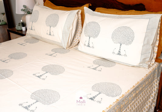 Tree of life on beige base - Pure cotton double bedsheet handblock printed