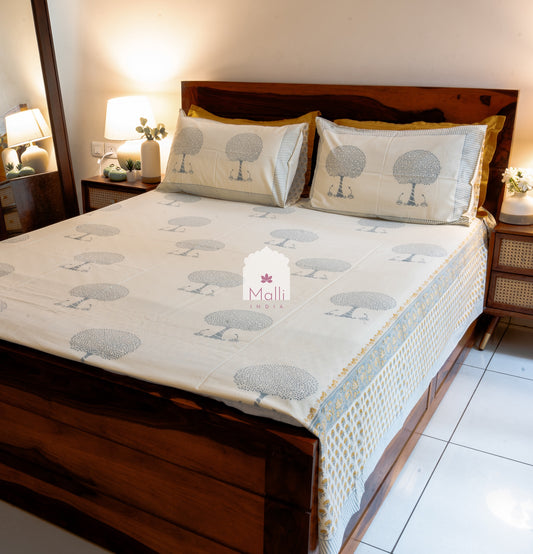 Tree of life on beige base - Pure cotton double bedsheet handblock printed