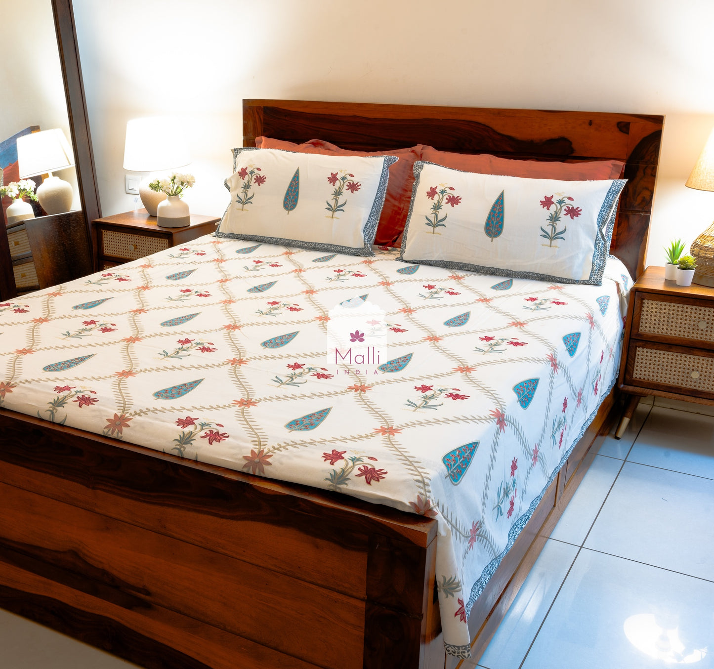 Pink tulip & blue leaf jaal - Pure cotton double bedsheet handblock printed