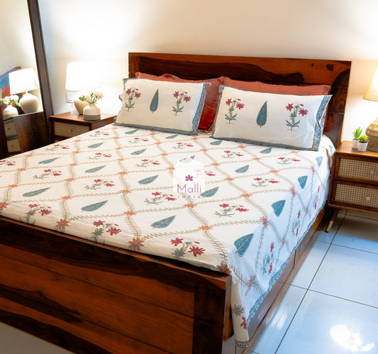 Pink tulip & blue leaf jaal - Pure cotton double bedsheet handblock printed