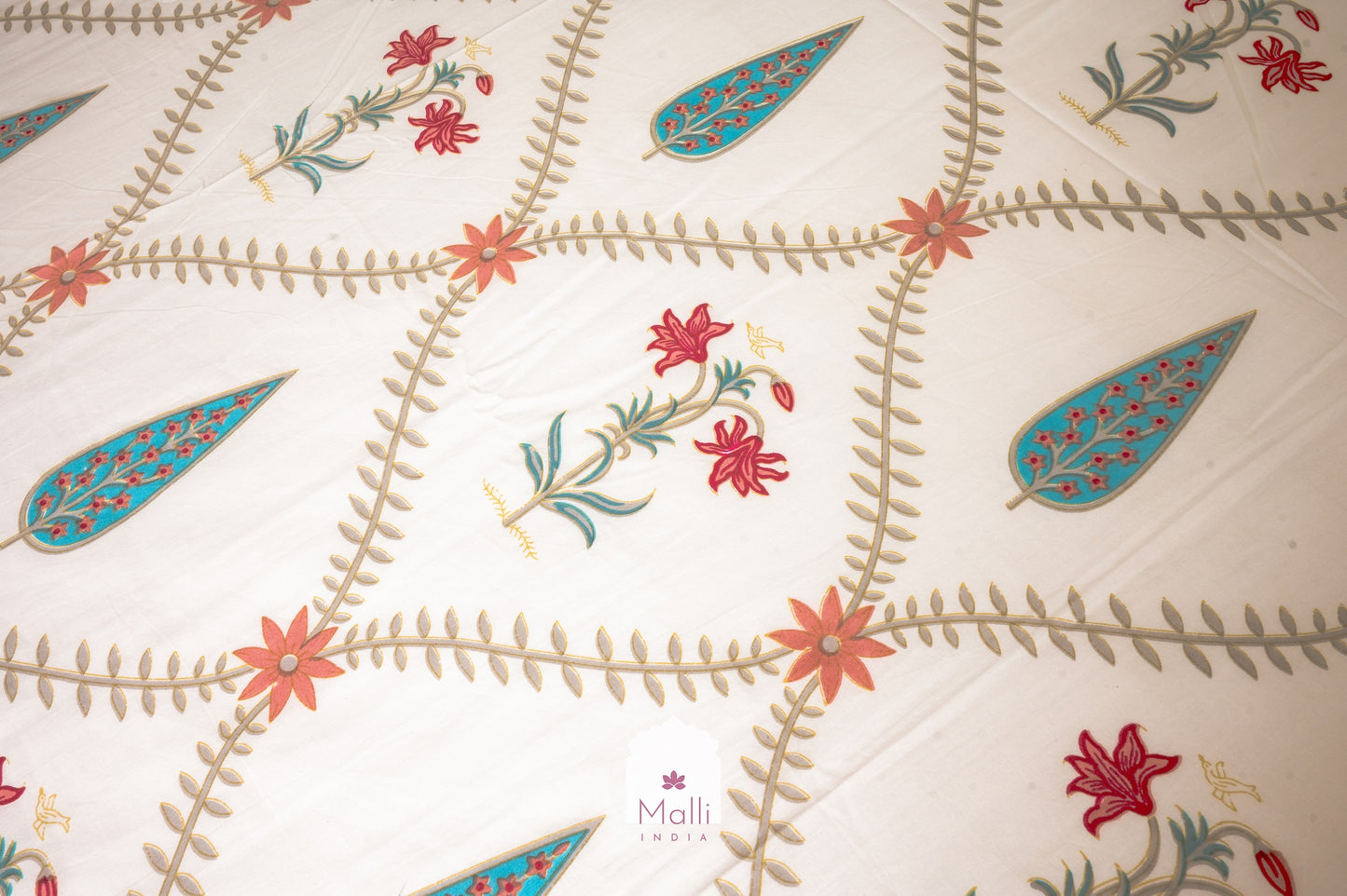 Pink tulip & blue leaf jaal - Pure cotton double bedsheet handblock printed