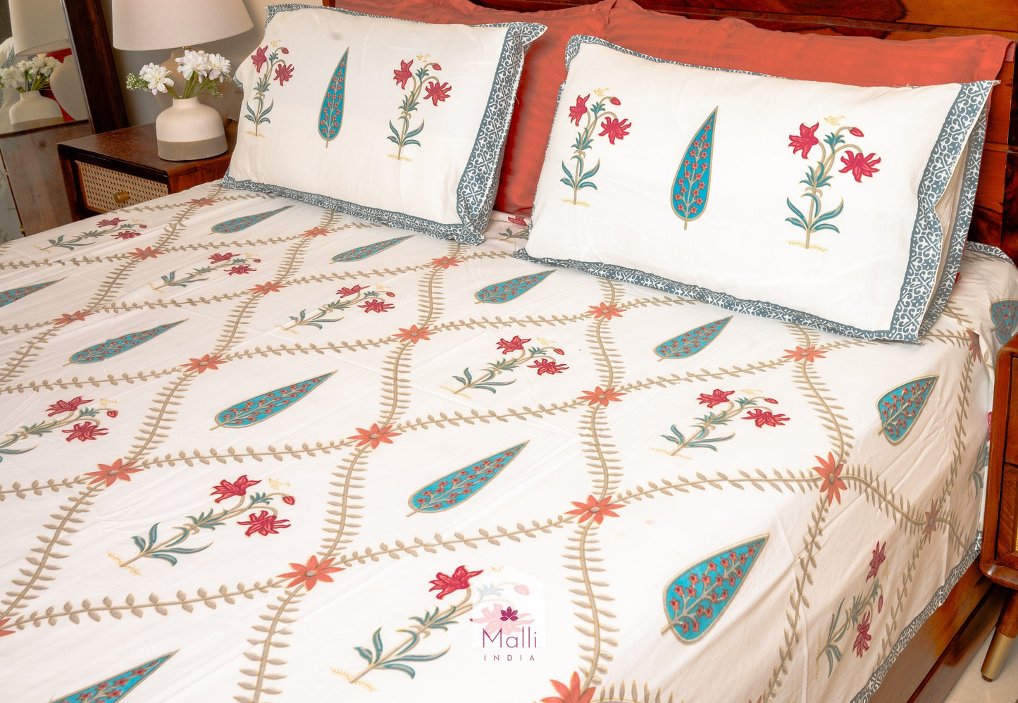 Pink tulip & blue leaf jaal - Pure cotton double bedsheet handblock printed