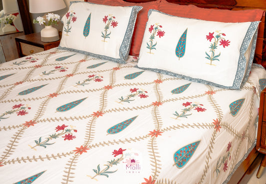 Pink tulip & blue leaf jaal - Pure cotton double bedsheet handblock printed