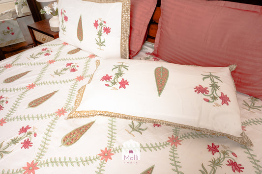 Pink tulip & brown leaf jaal - Pure cotton double bedsheet handblock printed
