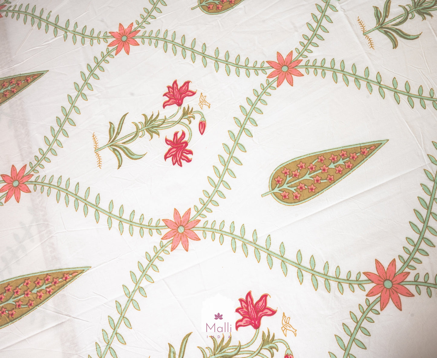Pink tulip & brown leaf jaal - Pure cotton double bedsheet handblock printed