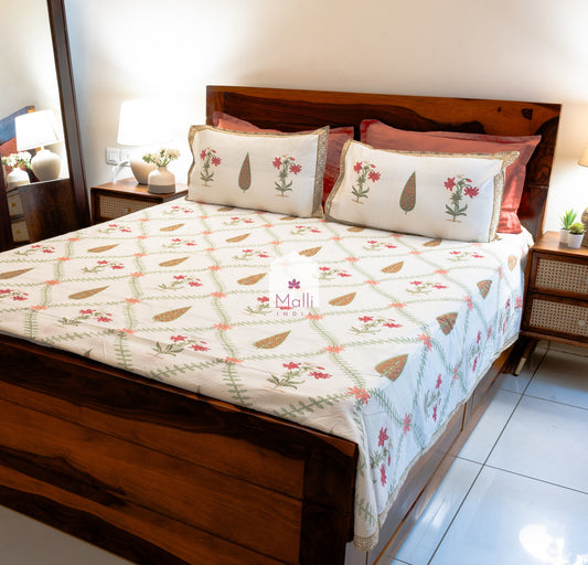 Pink tulip & brown leaf jaal - Pure cotton double bedsheet handblock printed