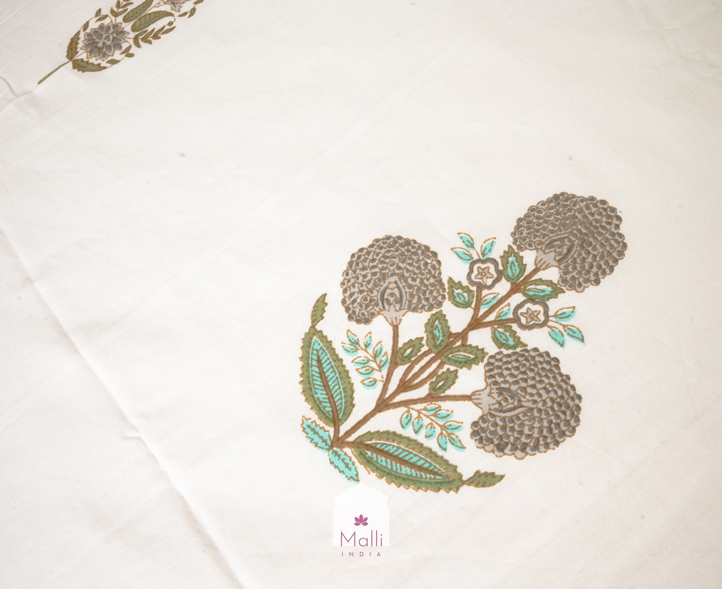 Grey chrysanthemum, palm & leaf buti - Pure cotton double bedsheet handblock printed