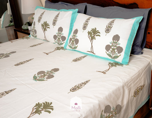Grey chrysanthemum, palm & leaf buti - Pure cotton double bedsheet handblock printed